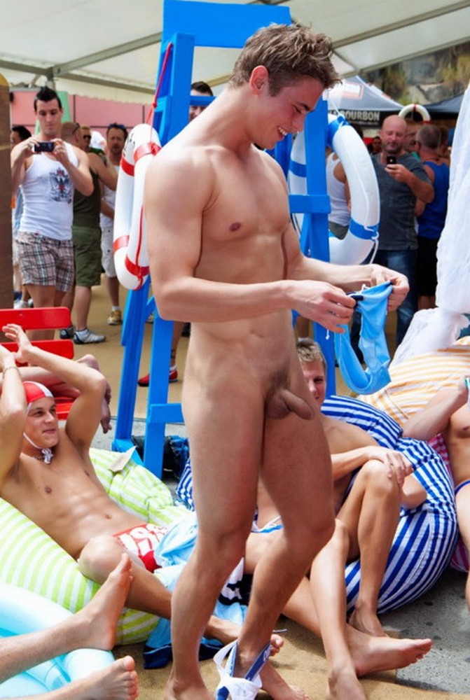 Swimmer naked wearing jocktrap