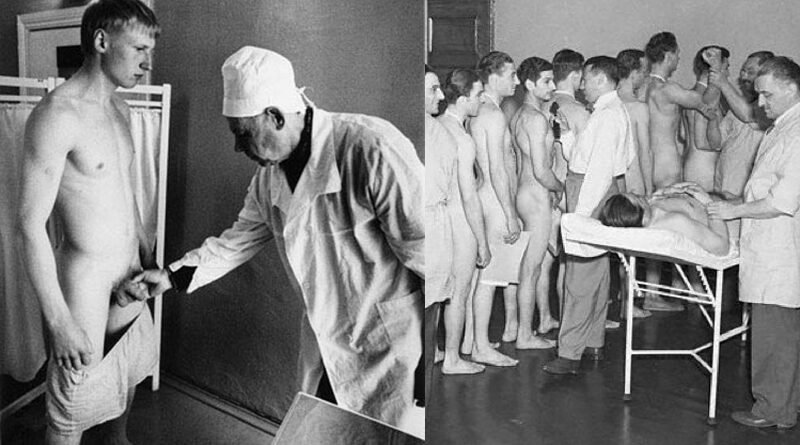 Vintage recruits in naked medical inspection